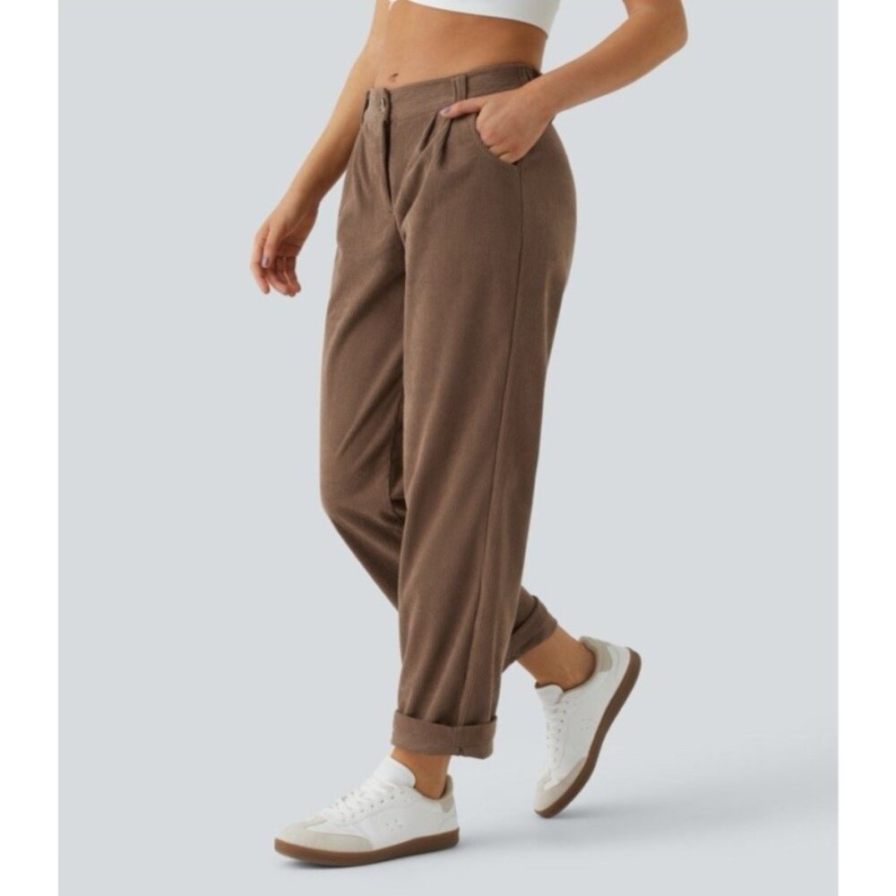 Halara Mid Rise Button Zipper Side Pocket Corduroy Casual Pants Large Petite